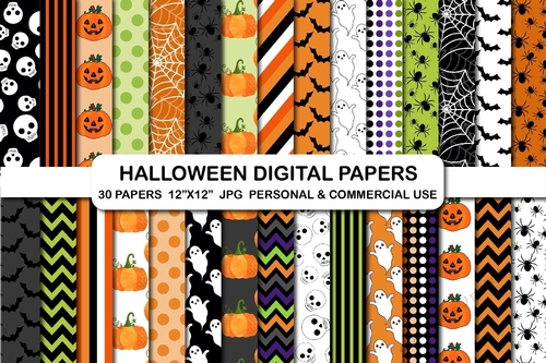 Halloween digital papers, Halloween Skulls Spiders Pumpkin Bats Digital Papers Background