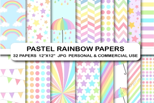 32 Pastel Rainbow Digital Papers Pack