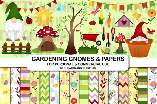 Garden Gnomes and Digital Papers Clipart