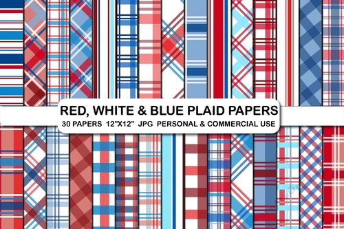 Red white and blue plaid digital papers