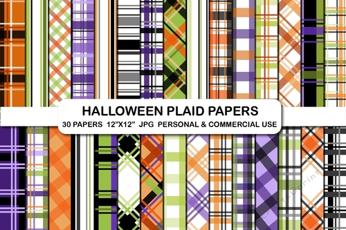 Orange purple and black halloween plaid digital papers set 