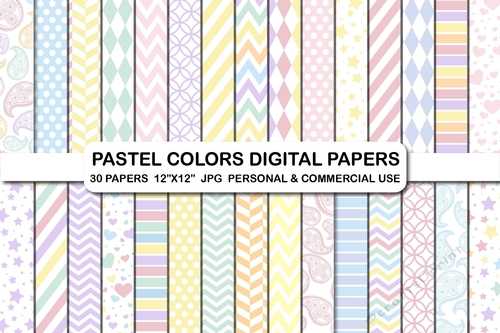 30 Pastel Rainbow Colors Digital Papers, Light Colors Papers 