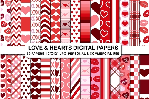 Love and hearts valentines digital papers Valentines day 