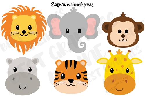 Safari animal faces clipart, lion, elephant, monkey, giraffe, hippopotamus, 