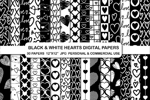 Black and white hearts Valentines digital paper pack, Valentines day digital papers