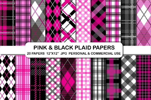Pink and Black Plaid Digital Paper, Pink & Black Background Papers Pack