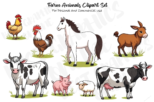 Farm animals, cow, pig, donkey, rooster, hen, horse, sheep