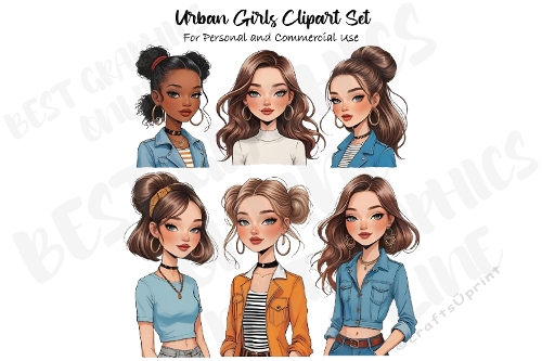 Urban College City Girls Clipart Set, Young Girl illustration