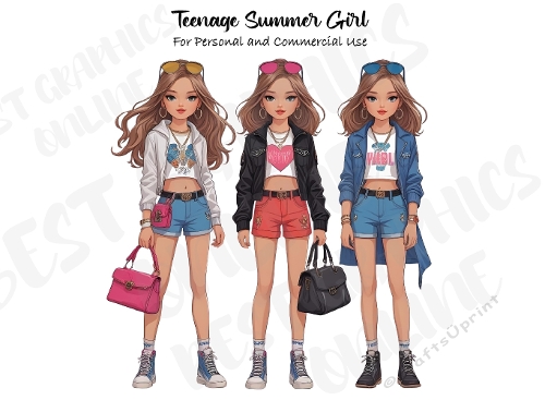 Teenager summer girl clipart set, Young girls teen graphics, Blonde teenage girl clipart