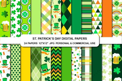 24 St Patricks Digital Papers, Green Clover Leprechaun Background Paper