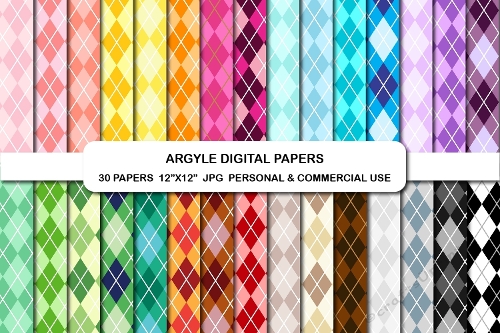 30 Rainbow Argyle Digital Background Papers, Argyle Print Pattern Paper