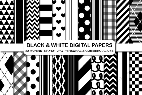 22 Black and White Background Digital Papers, Black & White Pattern Digital Paper