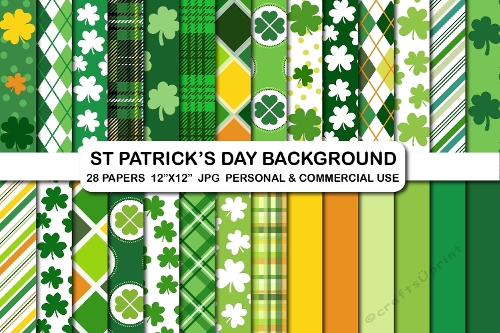 28 Green Clover St Patricks Digital Papers, Irish Luck, Shamrock Lucky Background Papers