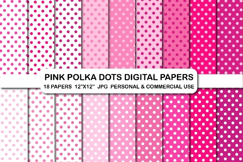18 Pink and White Polka Dots Digital Papers, Pink Polka Dot Backgrounds, Pink Scrapbook Paper