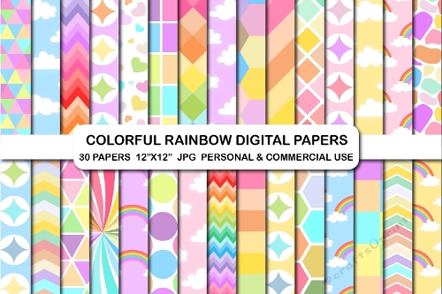 30 Rainbow Digital Papers, Unicorn Rainbow Background Paper Pack
