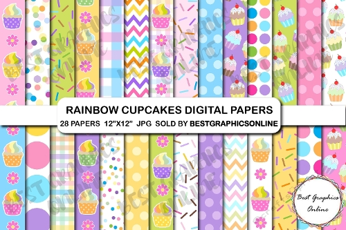 28 Sweet Rainbow Cupcakes Digital Papers Pack, Cupcake Background, Light Colors Background