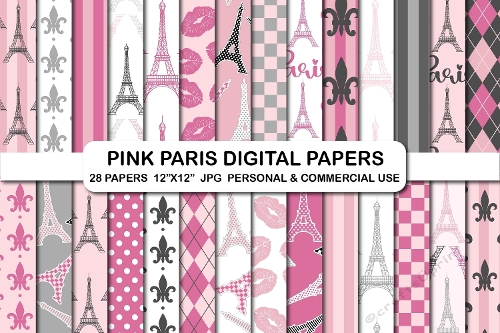 28 Pink Paris Digital Papers, Oh La La Paris Backgrounds, Eiffel Tower Digital Pattern Papers