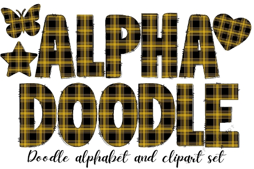 Black and Yellow Plaid Doodle Alphabet Letters PNG, Black and Yellow Tartan Alphabet Letter png from the A to the Z