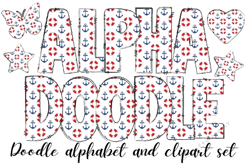 Anchor and Lifesaver Design Doodle Alphabet Letters PNG, Nautical Sailor Pattern Alphabet Letter png, Sea Life All Alphabet Included from the A to the Z