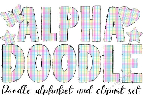 Plaid Alphabet Doodle Letters and Clipart Star, Heart and Butterfly, Light Colors Tartan Print Alphabet from the A to the Z