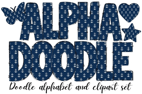 Navy Blue Anchor Print Alphabet Doodle Letters, Sailing Sea Theme Clipart Star, Heart and Butterfly All Alphabet Included from the A to the Z