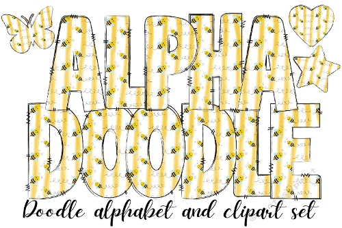 Flying Bees Print Alphabet Doodle Letters, Bumble Bee Theme Clipart Star, Heart and Butterfly All Alphabet Included from the A to the Z