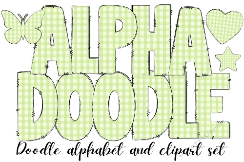 Green Gingham Print Alphabet Doodle Letters, Green Clipart Star, Heart and Butterfly, Green Plaid Alphabet from the A to the Z