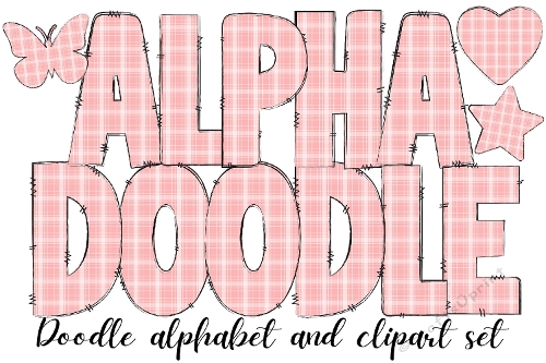 Plaid Print Alphabet Doodle Letters, Tartan Plaid Clipart Star, Heart and Butterfly, Plaid Doodle Alphabet from the A to the Z