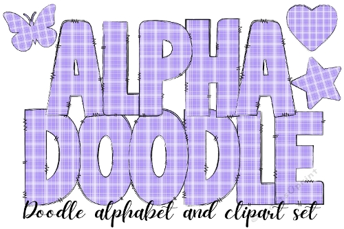 Purple Plaid Alphabet Doodle Letters, Purple Clipart Star, Heart and Butterfly, Puple Tartan Plaid Doodle Alphabet from the A to the Z