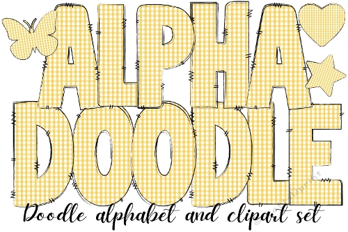 Yellow Plaid Alphabet Doodle Letters, Yellow and white Tartan Clipart Star, Heart and Butterfly, Yellow Gingham Plaid Doodle Alphabet from the A to the Z