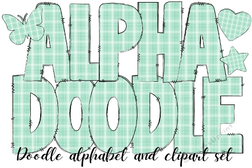 Green Tartan Plaid Alphabet Doodle Letters, Green Tartan Clipart Star, Heart and Butterfly, Green Gingham Plaid Doodle Alphabet from the A to the Z