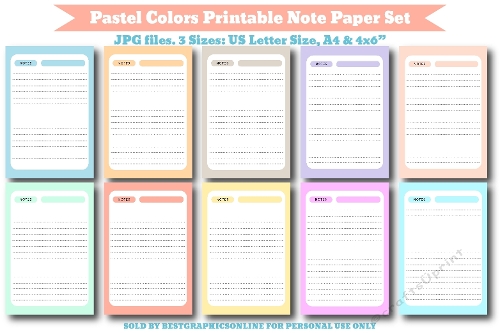 Pastel Colors Printable Note Paper, Light Colors Writing Papers Notebook 