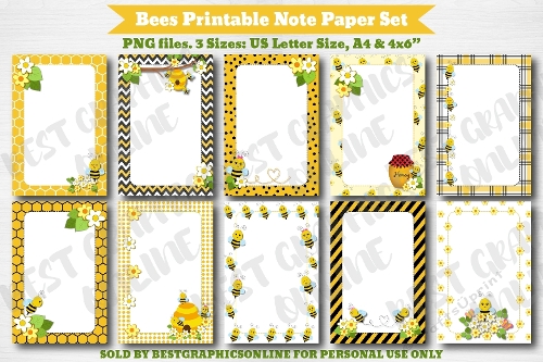 Bees Printable Notebook Pages, Bee Writting Note Paper Set 