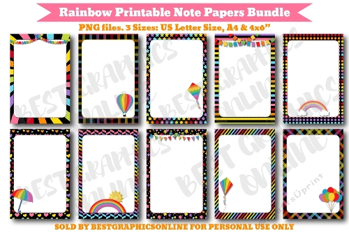 Rainbow Printable Notebook Pages, Multi Color Bright Rainbow Writting Note Paper Set 