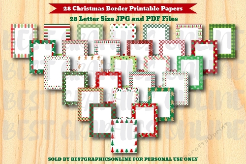 28 Christmas Border Letter Size Papers, Xmas Holiday Note Papers
