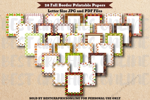 28 Fall Border Letter Size Printable Papers , Cute Border Note Paper, Classroom Fall Leaves Border Printable Page JPG files 