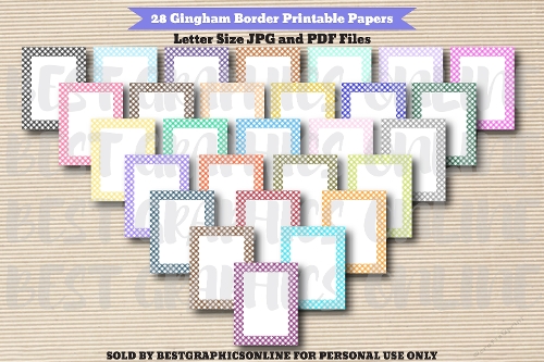28 Gingham Border Letter Size Printable Papers , Cute Tartar Border Note Paper, Classroom Gingham Plaid Border Printable Page JPG and PDF files 