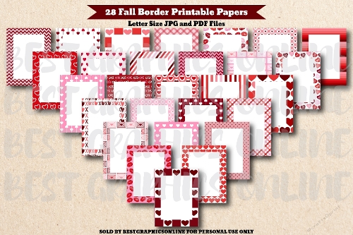 28 Love Hearts Border Letter Size Printable Papers , Valentines Day Cute Border Note Paper, Classroom Kisses Border Printable Page JPG and PDF files 