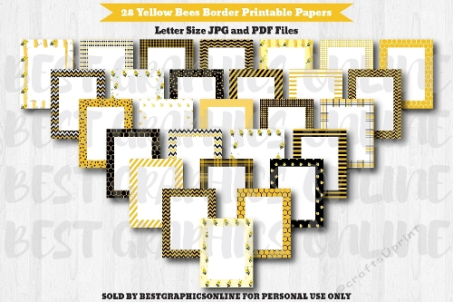 28 Honey Bees Border Letter Size Printable Papers, Bee Cute Border Note Paper, Flying Bumble Bees Border Printable Page JPG and PDF files 