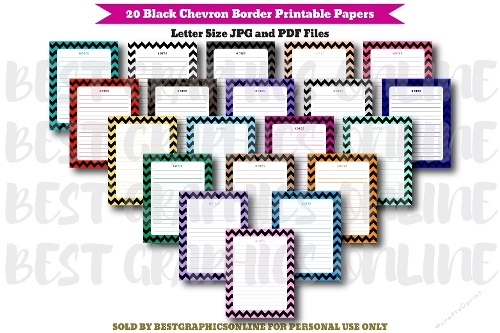 20  Black Chevron Border Letter Size Printable Papers, Black Chevron Border Note Paper, Zig Zag Print Border Printable Page JPG and PDF files 