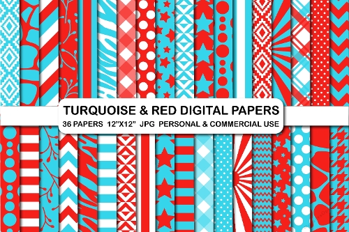 Turquoise and Red Digital Papers Pack, Cat Cartoon Inspired Backgrounds, Hat Pattern Papers (36 JPG) 