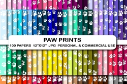 100 Paw prints digital paper, Rainbow paw print scrapbook digital papers, Paw prints pattern