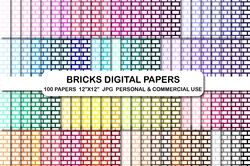 Brick Wall Digital Backgrounds Rainbow Bricks Pattern Papers