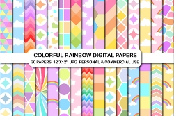 30 Rainbow Digital Papers, Unicorn Rainbow Background Paper Pack