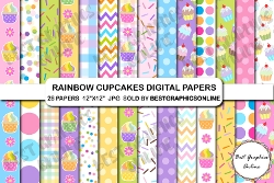 28 Sweet Rainbow Cupcakes Digital Papers Pack, Cupcake Background, Light Colors Background