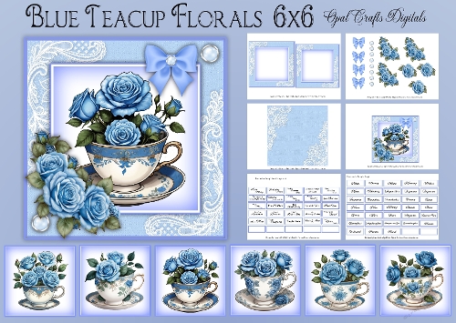 Blue Teacup Florals 6x6