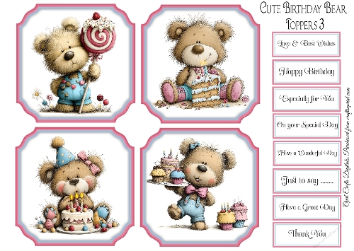 Cute Birthday Bear Toppers & Sentiments Kit 3