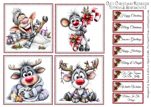 Cute Christmas Reindeer Toppers & Sentiments Kit 1