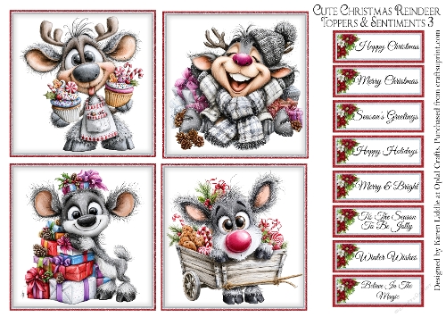 Cute Christmas Reindeer Toppers & Sentiments Kit 3