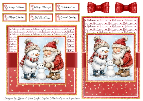 Cute Santa and Snowman 4 Card Fronts & Sentiments - 6x6 & 5x7